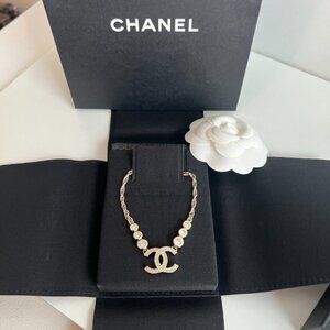 Authentic Chanel CC Logo Strass Crystal Necklace 25S